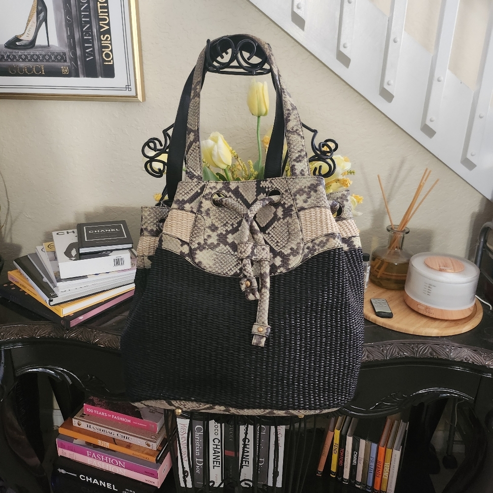 Brahmin drawstring bag woven straw & reptile-embossed leather
